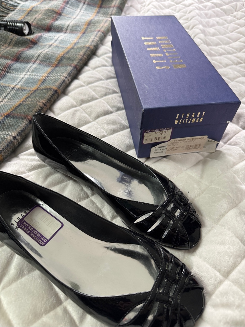 Stuart Weitzman Black Patent Peep-Toe Flats with Woven Detail